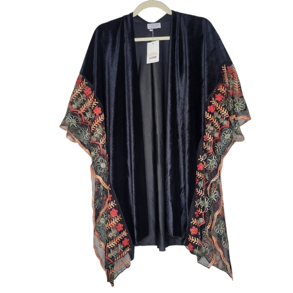 Tamsy Velvet Kimono Floral Embroidered Sleeve OS Boho Hippie Festival Whimsy - Picture 1 of 7